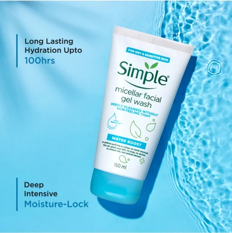 Simple Water Boost Micellar Facial Gel Wash 150mL – Hydrating Cleanser for Sensitive Skin